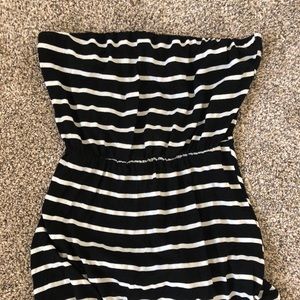 Strapless black and white striped maxi dress